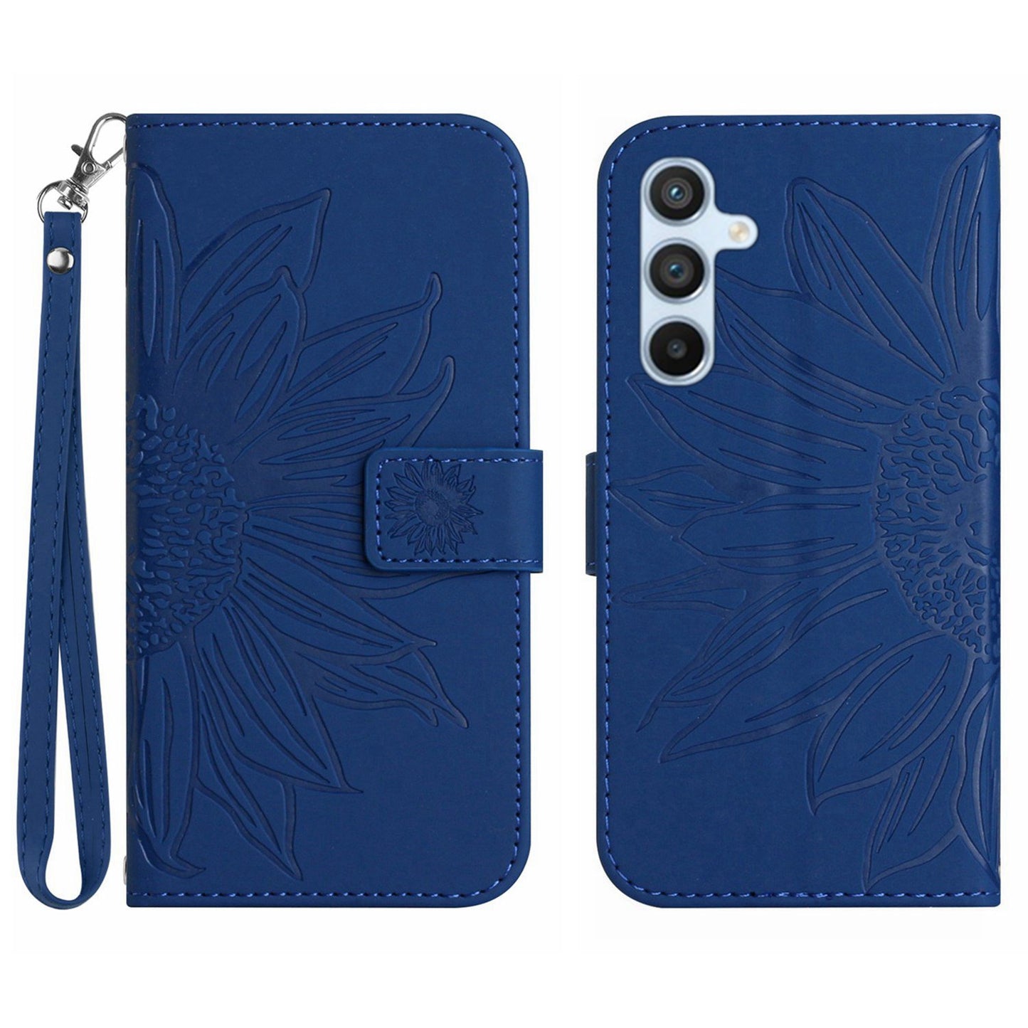 HT04 For Samsung Galaxy A16 5G / A16 4G Wallet Case Sunflower Leather Phone Cover with Wrist Strap - Sapphire