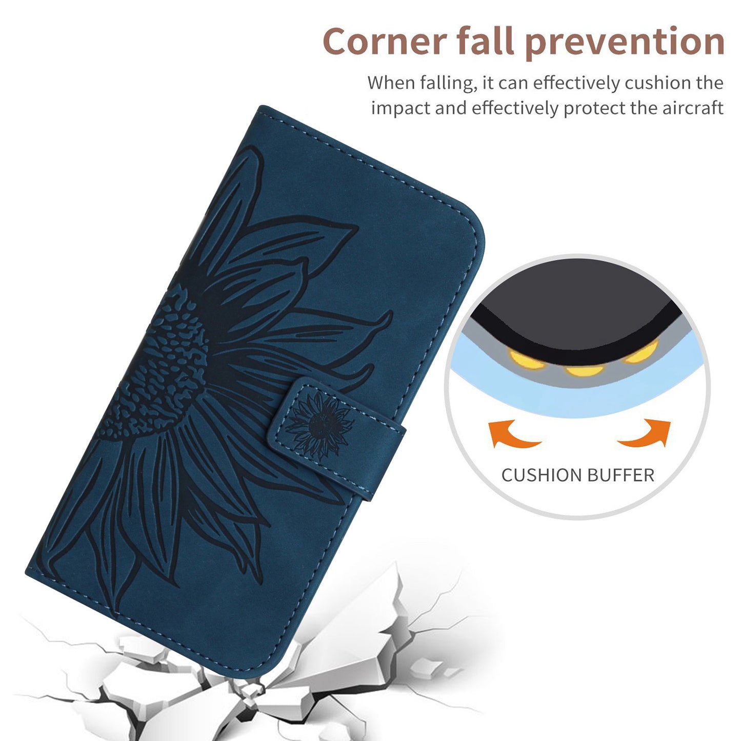 HT04 For Samsung Galaxy A16 5G / A16 4G Wallet Case Sunflower Leather Phone Cover with Wrist Strap - Dark Blue