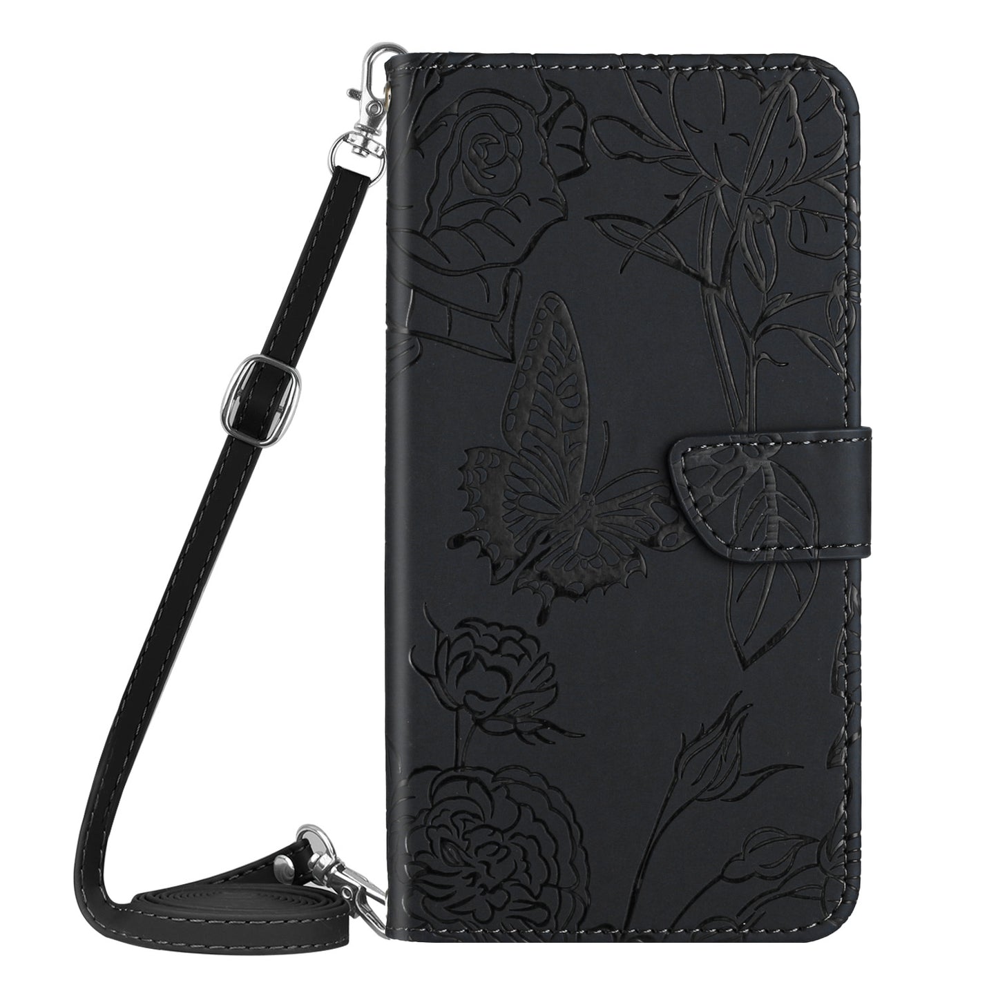 HT03 For Samsung Galaxy A16 5G / A16 4G Case Anti-Drop Leather Phone Cover Butterfly Flower Imprint - Black