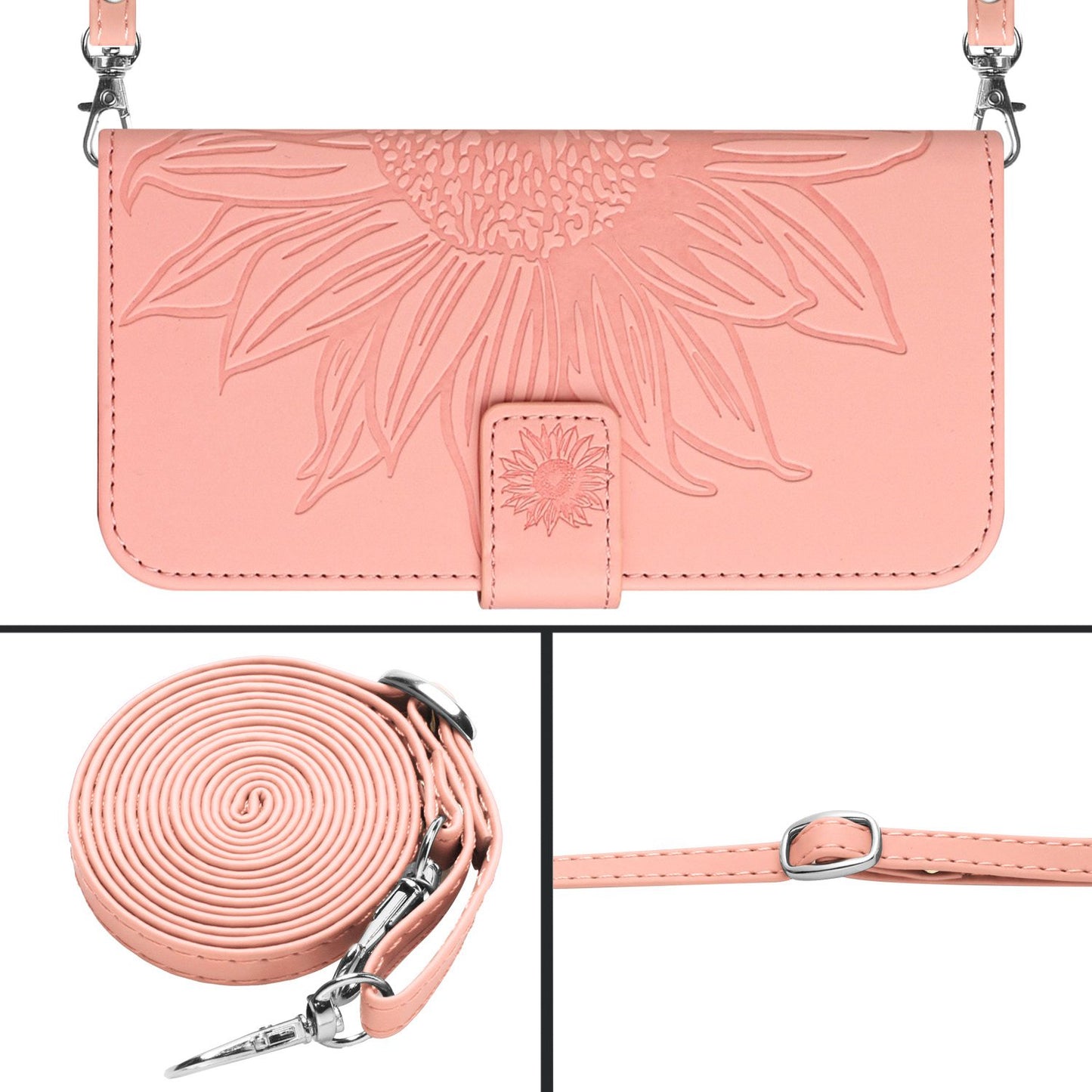 HT04 For Samsung Galaxy A16 5G / A16 4G Case Sunflower Imprint PU Leather Phone Cover with Long Strap - Light Pink