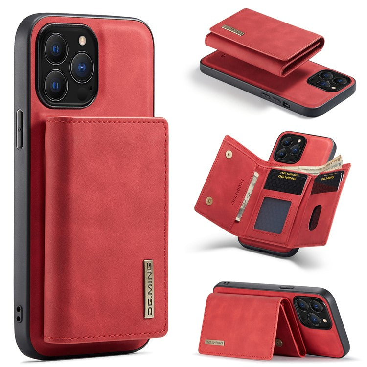 DG.MING M1 Series for iPhone 16 Pro Case Kickstand PU Phone Cover with Detachable Wallet - Red