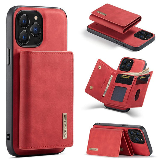 DG.MING M1 Series for iPhone 16 Pro Case Kickstand PU Phone Cover with Detachable Wallet - Red