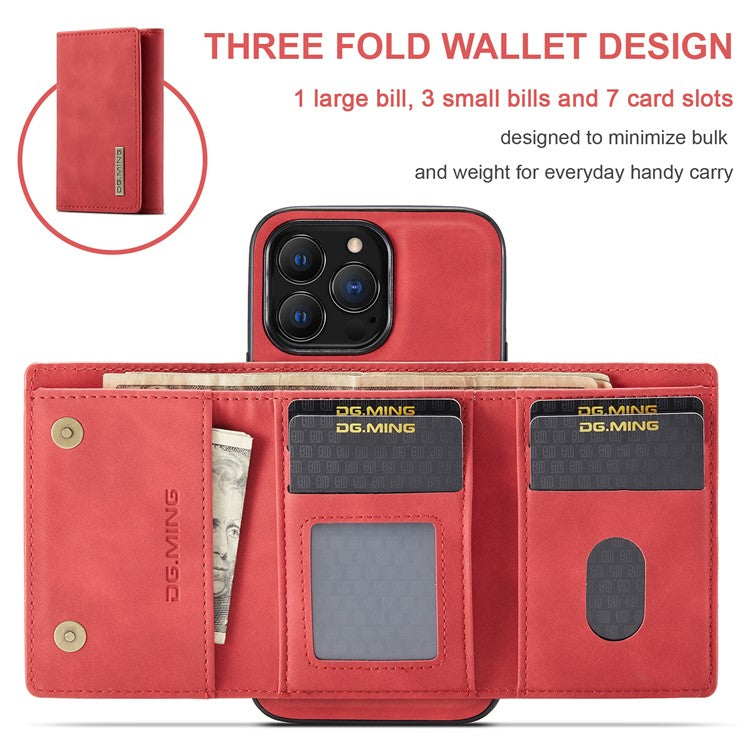 DG.MING M1 Series for iPhone 16 Pro Case Kickstand PU Phone Cover with Detachable Wallet - Red