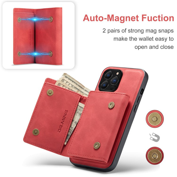 DG.MING M1 Series for iPhone 16 Pro Case Kickstand PU Phone Cover with Detachable Wallet - Red