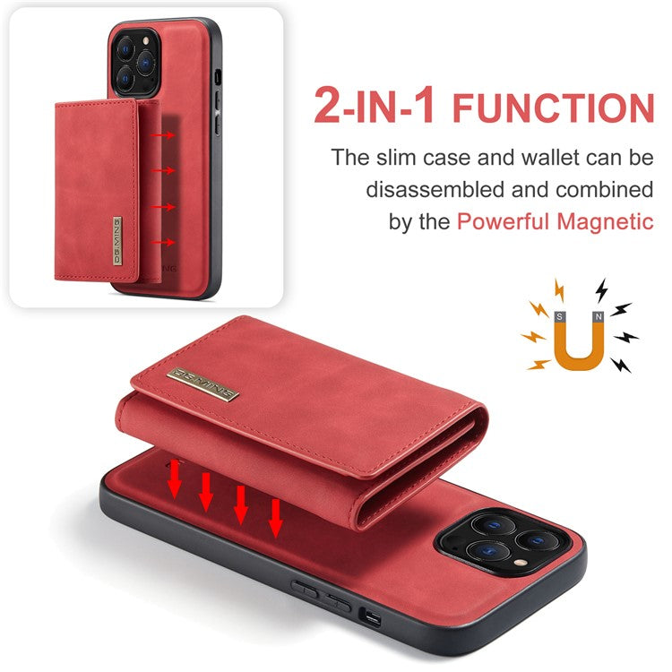 DG.MING M1 Series for iPhone 16 Pro Case Kickstand PU Phone Cover with Detachable Wallet - Red