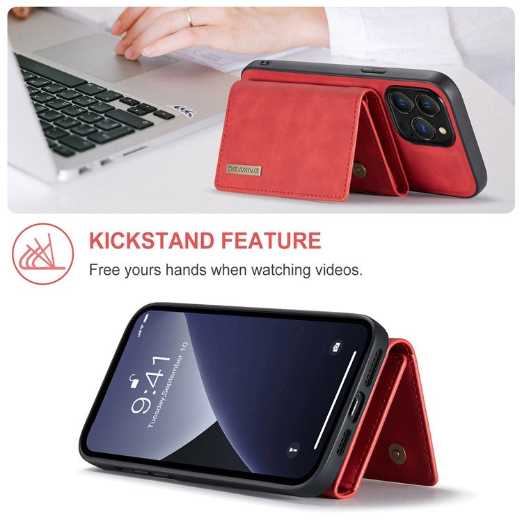 DG.MING M1 Series for iPhone 16 Pro Case Kickstand PU Phone Cover with Detachable Wallet - Red