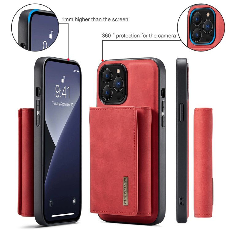 DG.MING M1 Series for iPhone 16 Pro Case Kickstand PU Phone Cover with Detachable Wallet - Red