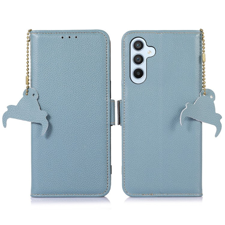 For Samsung Galaxy M35 5G Case RFID Blocking Textured Genuine Cow Leather Phone Cover - Blue
