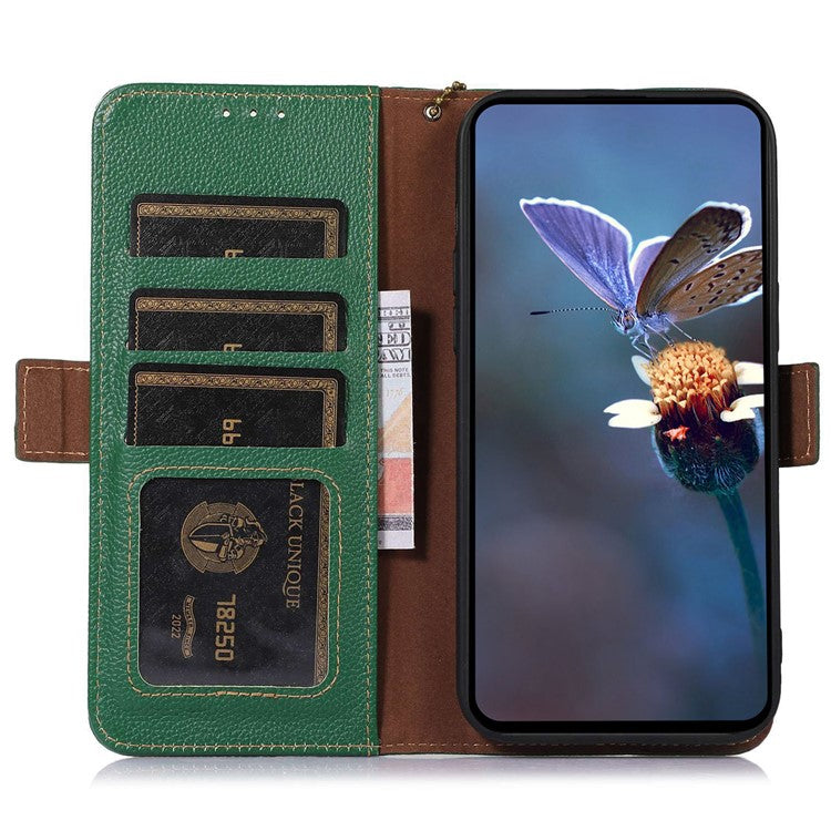 For Samsung Galaxy M35 5G Case RFID Blocking Textured Genuine Cow Leather Phone Cover - Green