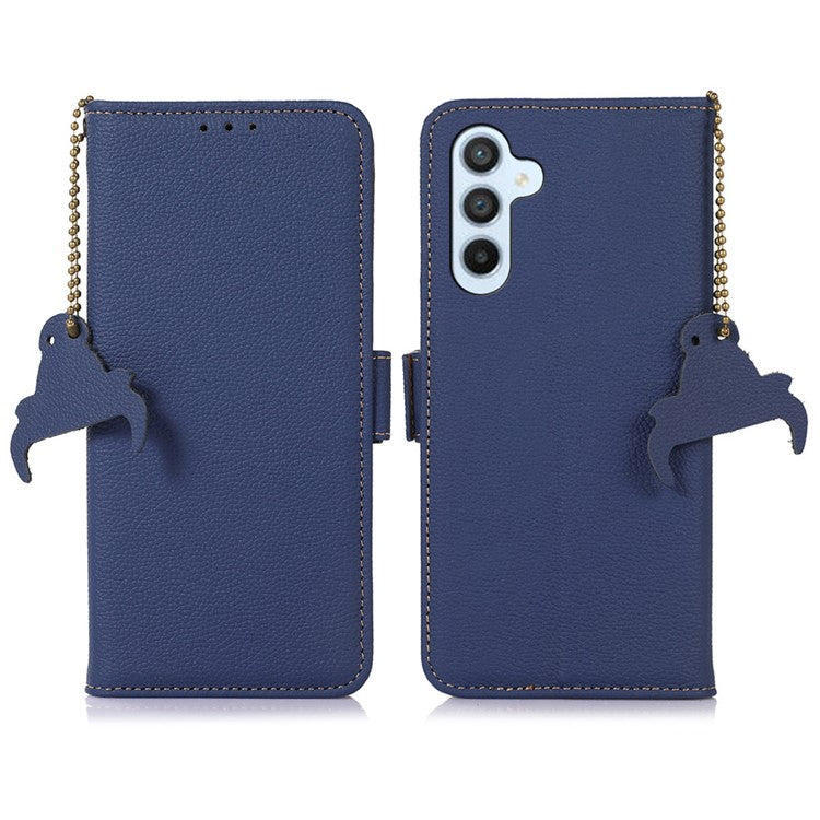 For Samsung Galaxy M35 5G Case RFID Blocking Textured Genuine Cow Leather Phone Cover - Sapphire