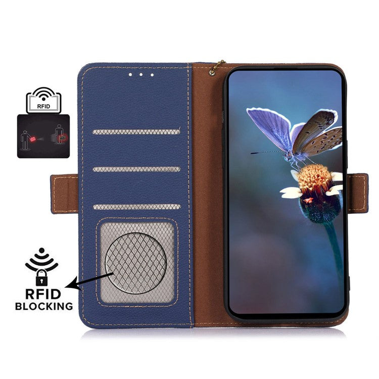 For Samsung Galaxy M35 5G Case RFID Blocking Textured Genuine Cow Leather Phone Cover - Sapphire