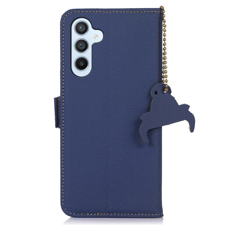 For Samsung Galaxy M35 5G Case RFID Blocking Textured Genuine Cow Leather Phone Cover - Sapphire