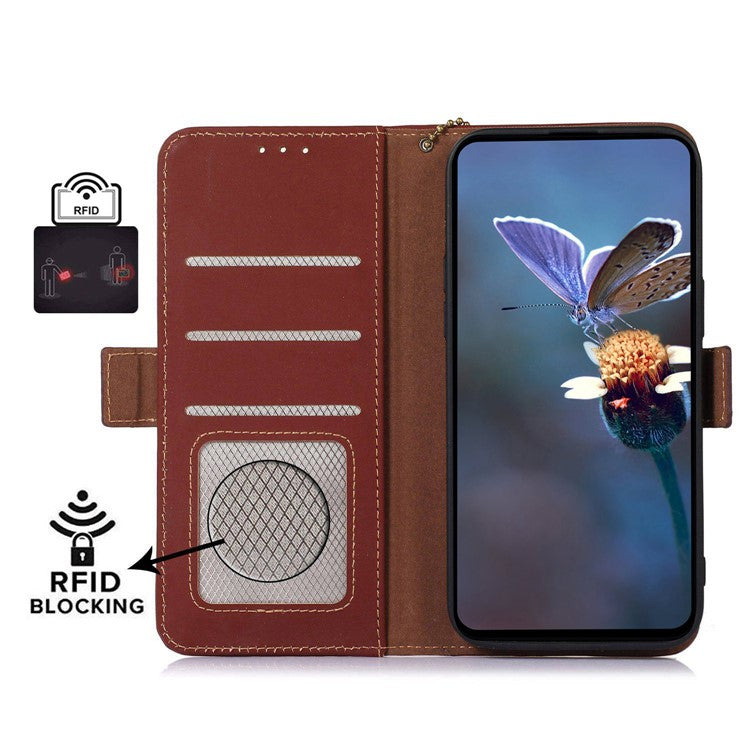 For Samsung Galaxy M35 5G Wallet Case Anti-Drop Genuine Cow Leather Phone Cover RFID Blocking - Coffee