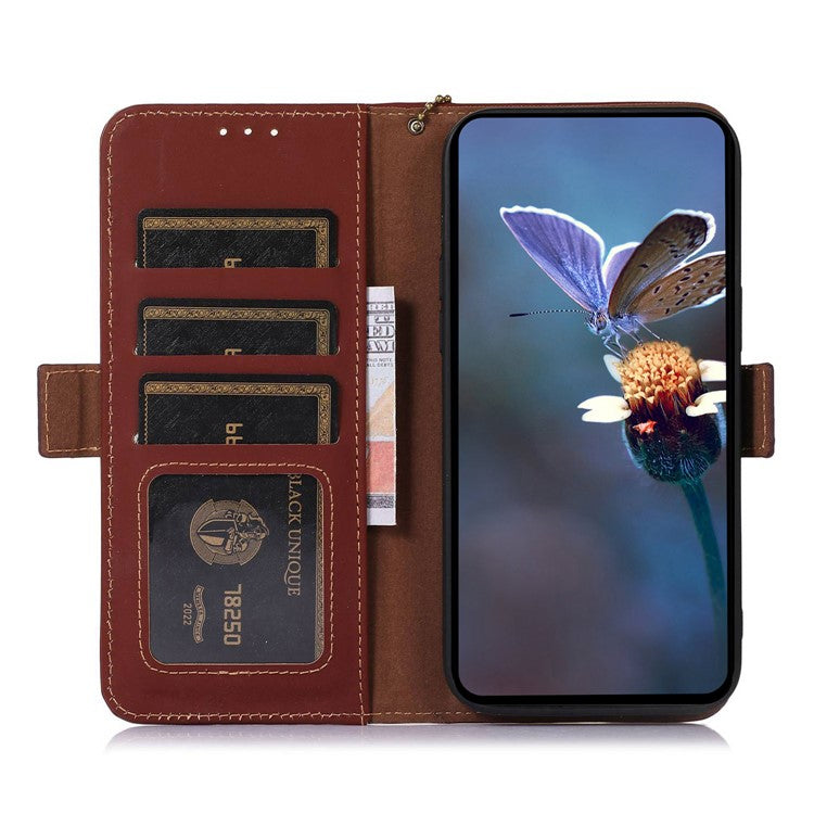 For Samsung Galaxy M35 5G Wallet Case Anti-Drop Genuine Cow Leather Phone Cover RFID Blocking - Coffee