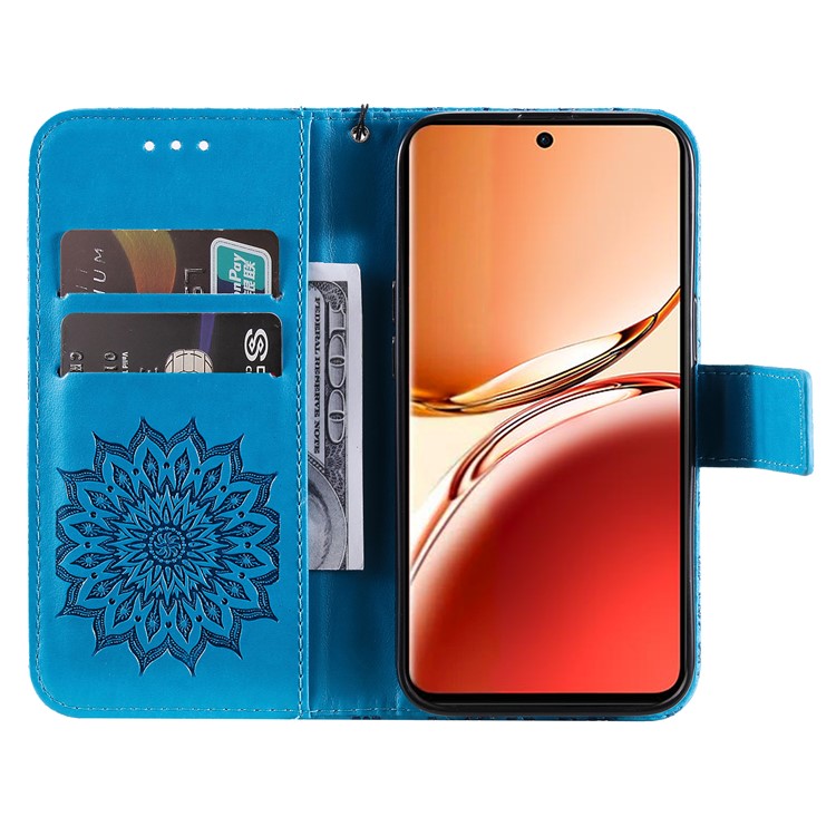 KT Imprinting Flower Series-1 For Oppo Reno12 F 4G Wallet Case Sunflower Stand Leather Phone Cover - Blue
