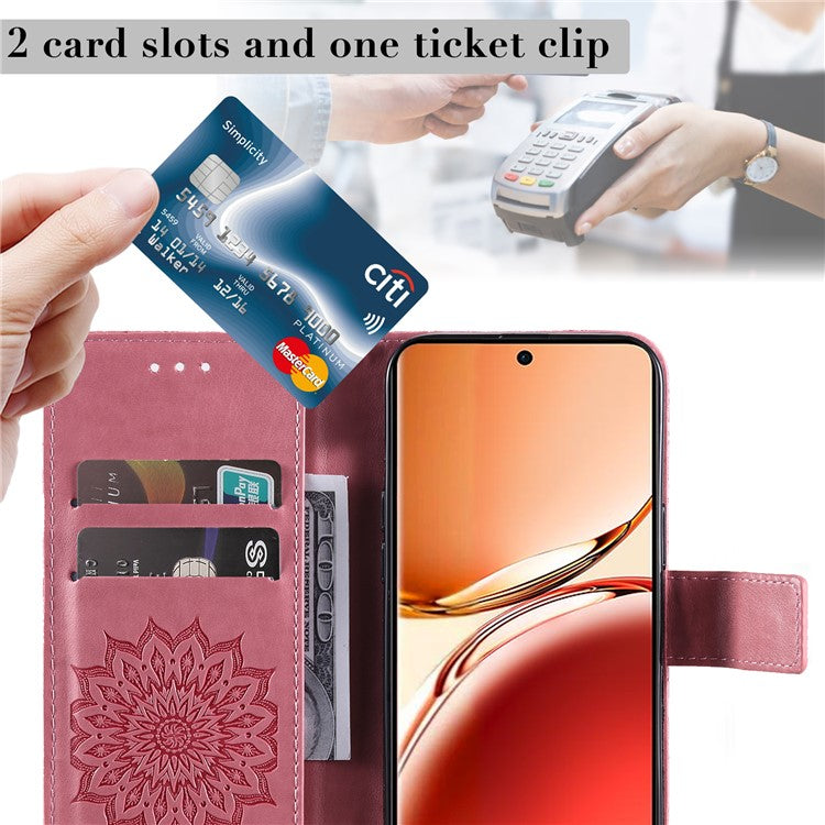KT Imprinting Flower Series-1 For Oppo Reno12 F 4G Wallet Case Sunflower Stand Leather Phone Cover - Pink