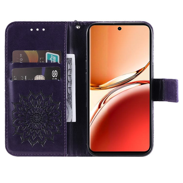 KT Imprinting Flower Series-1 For Oppo Reno12 F 4G Wallet Case Sunflower Stand Leather Phone Cover - Purple