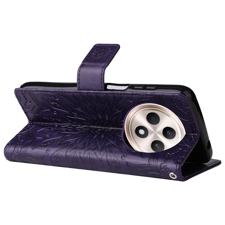 KT Imprinting Flower Series-1 For Oppo Reno12 F 4G Wallet Case Sunflower Stand Leather Phone Cover - Purple