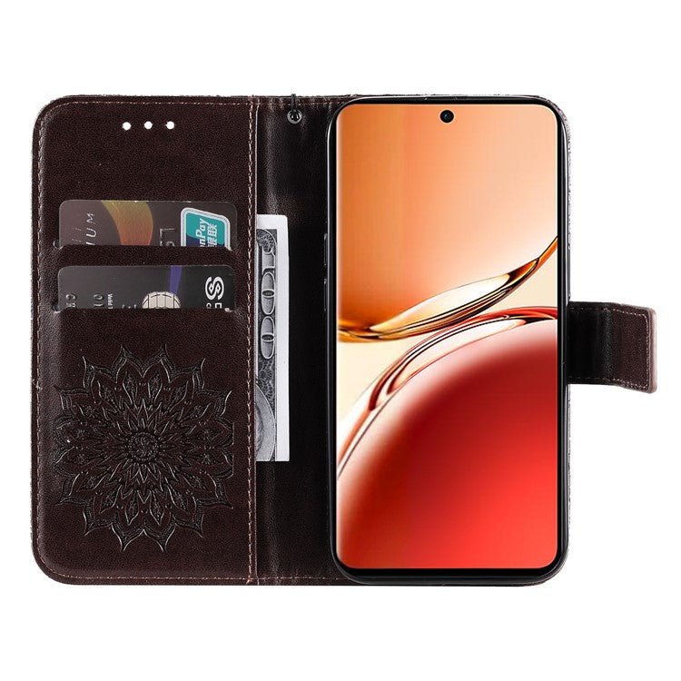 KT Imprinting Flower Series-1 For Oppo Reno12 F 4G Wallet Case Sunflower Stand Leather Phone Cover - Brown