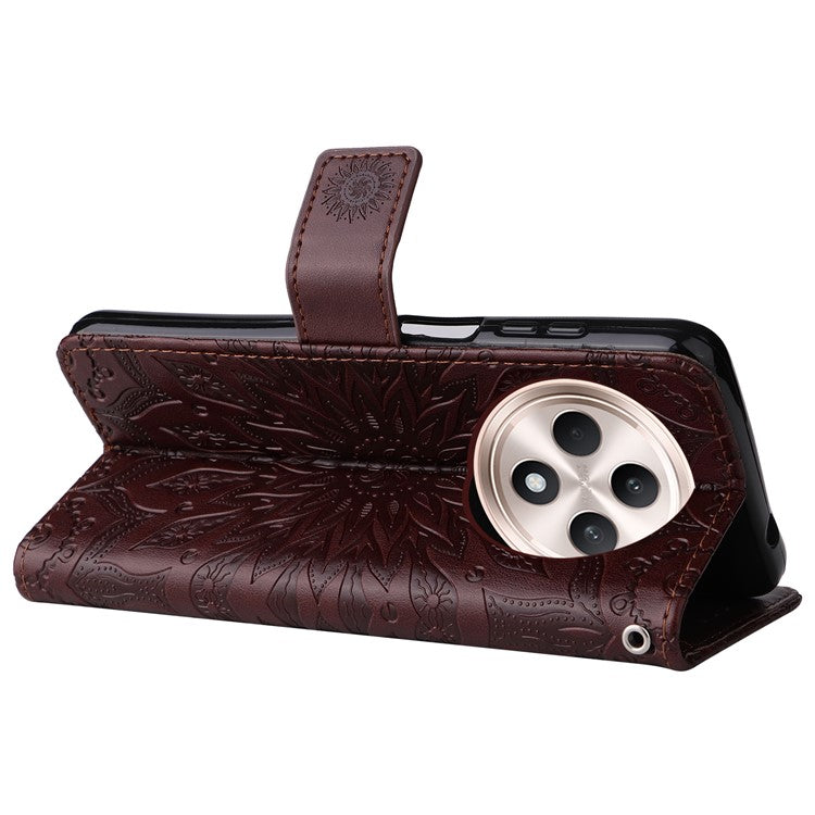 KT Imprinting Flower Series-1 For Oppo Reno12 F 4G Wallet Case Sunflower Stand Leather Phone Cover - Brown