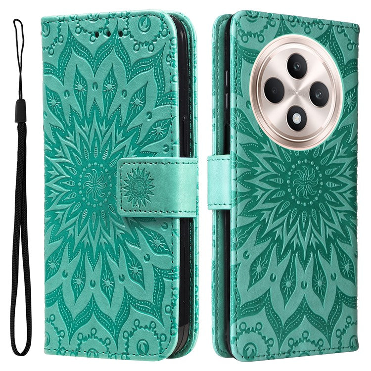 KT Imprinting Flower Series-1 For Oppo Reno12 F 4G Wallet Case Sunflower Stand Leather Phone Cover - Green
