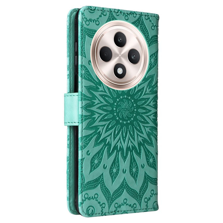 KT Imprinting Flower Series-1 For Oppo Reno12 F 4G Wallet Case Sunflower Stand Leather Phone Cover - Green