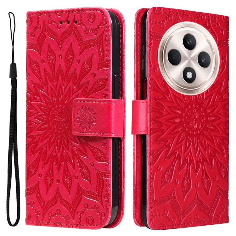 KT Imprinting Flower Series-1 For Oppo Reno12 F 4G Wallet Case Sunflower Stand Leather Phone Cover - Red