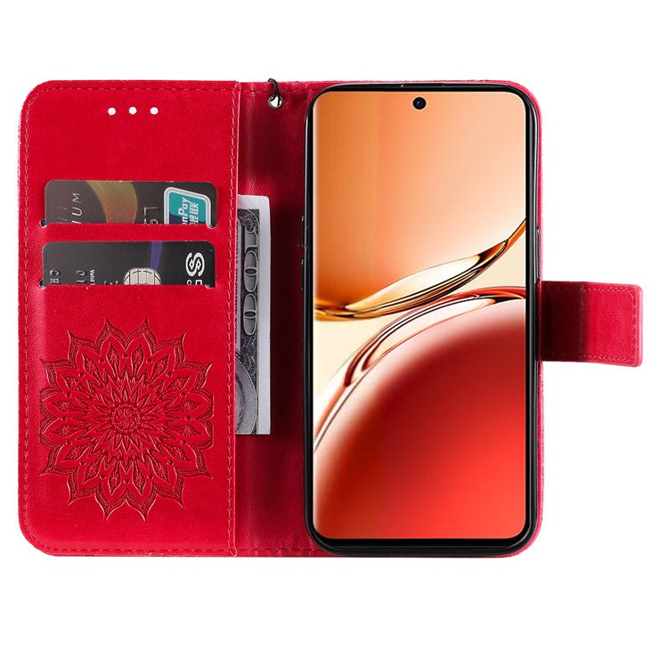KT Imprinting Flower Series-1 For Oppo Reno12 F 4G Wallet Case Sunflower Stand Leather Phone Cover - Red