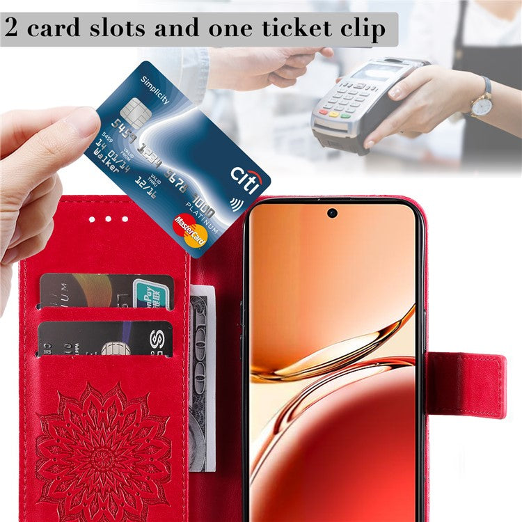 KT Imprinting Flower Series-1 For Oppo Reno12 F 4G Wallet Case Sunflower Stand Leather Phone Cover - Red