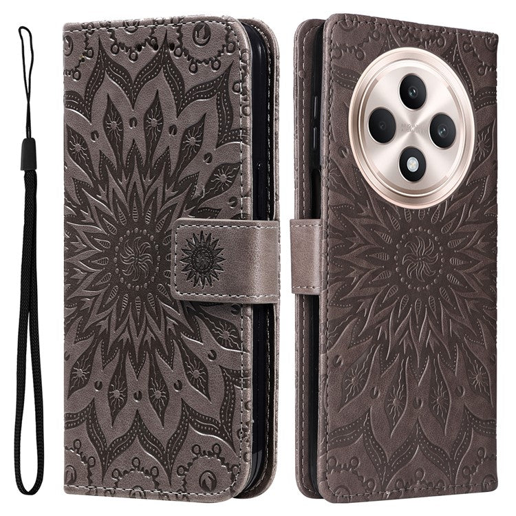 KT Imprinting Flower Series-1 For Oppo Reno12 F 4G Wallet Case Sunflower Stand Leather Phone Cover - Grey