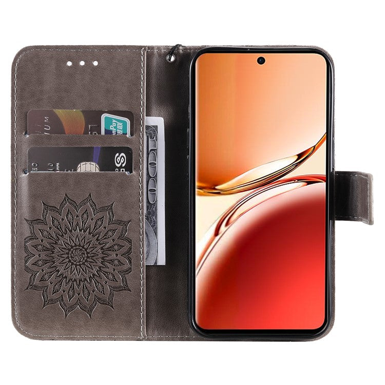 KT Imprinting Flower Series-1 For Oppo Reno12 F 4G Wallet Case Sunflower Stand Leather Phone Cover - Grey