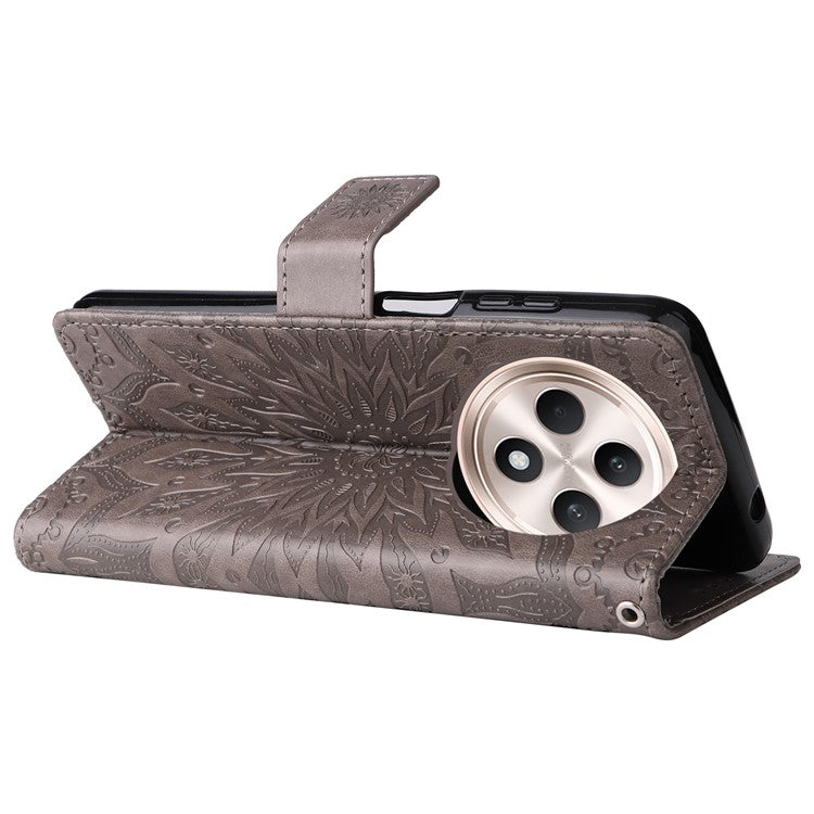 KT Imprinting Flower Series-1 For Oppo Reno12 F 4G Wallet Case Sunflower Stand Leather Phone Cover - Grey