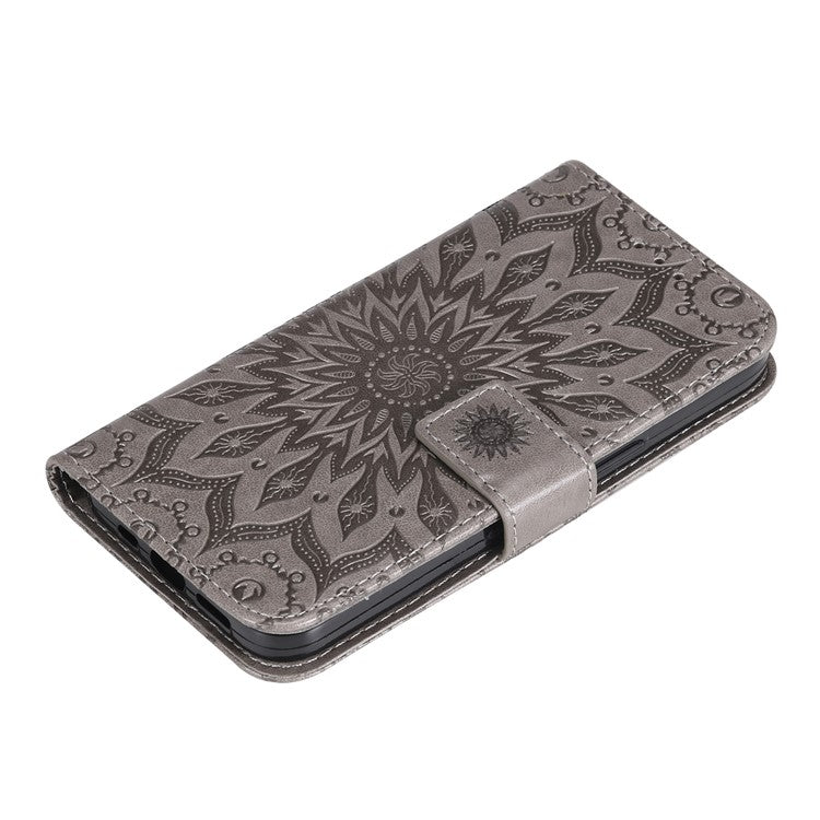 KT Imprinting Flower Series-1 For Oppo Reno12 F 4G Wallet Case Sunflower Stand Leather Phone Cover - Grey