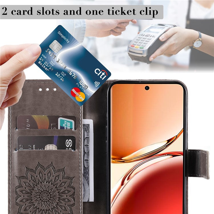 KT Imprinting Flower Series-1 For Oppo Reno12 F 4G Wallet Case Sunflower Stand Leather Phone Cover - Grey