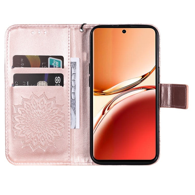 KT Imprinting Flower Series-1 For Oppo Reno12 F 4G Wallet Case Sunflower Stand Leather Phone Cover - Rose Gold
