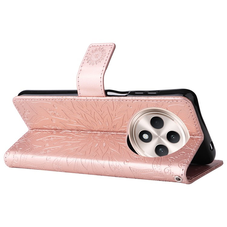 KT Imprinting Flower Series-1 For Oppo Reno12 F 4G Wallet Case Sunflower Stand Leather Phone Cover - Rose Gold