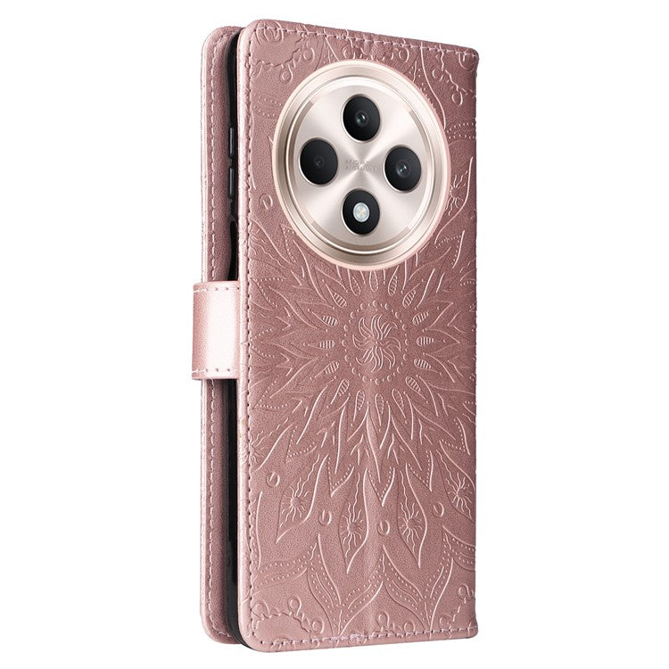 KT Imprinting Flower Series-1 For Oppo Reno12 F 4G Wallet Case Sunflower Stand Leather Phone Cover - Rose Gold