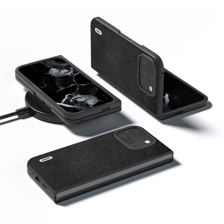 ABEEL For Google Pixel 9 Pro Fold 5G Phone Case Litchi Texture Genuine Cow Leather Hard PC Cover - Black