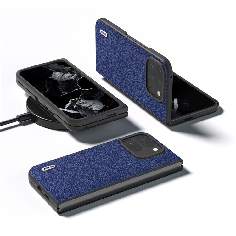 ABEEL For Google Pixel 9 Pro Fold 5G Phone Case Litchi Texture Genuine Cow Leather Hard PC Cover - Blue