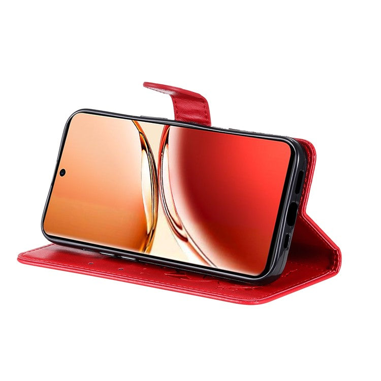 KT Imprinting Flower Series-4 For Oppo Reno12 F 4G Case Leather Wallet Stand Phone Cover Cat Bee Pattern - Red