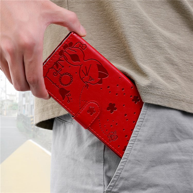 KT Imprinting Flower Series-4 For Oppo Reno12 F 4G Case Leather Wallet Stand Phone Cover Cat Bee Pattern - Red