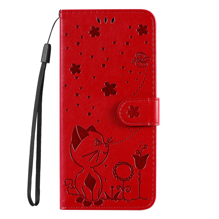 KT Imprinting Flower Series-4 For Oppo Reno12 F 4G Case Leather Wallet Stand Phone Cover Cat Bee Pattern - Red