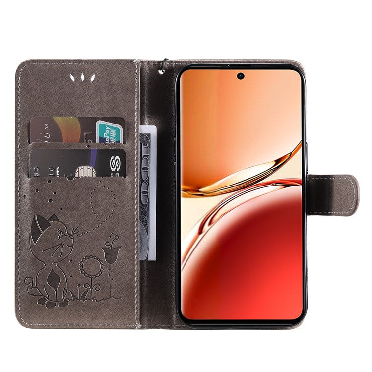 KT Imprinting Flower Series-4 For Oppo Reno12 F 4G Case Leather Wallet Stand Phone Cover Cat Bee Pattern - Grey