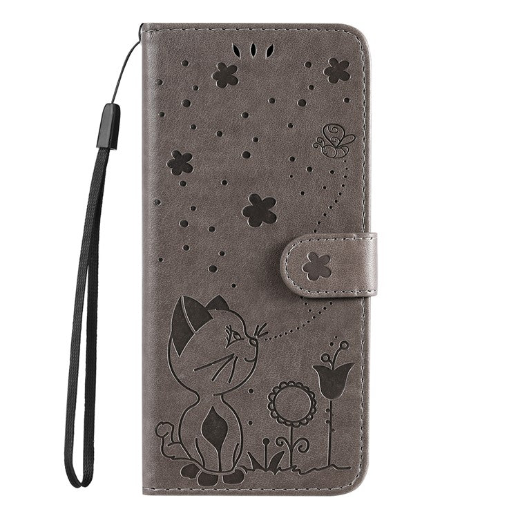 KT Imprinting Flower Series-4 For Oppo Reno12 F 4G Case Leather Wallet Stand Phone Cover Cat Bee Pattern - Grey