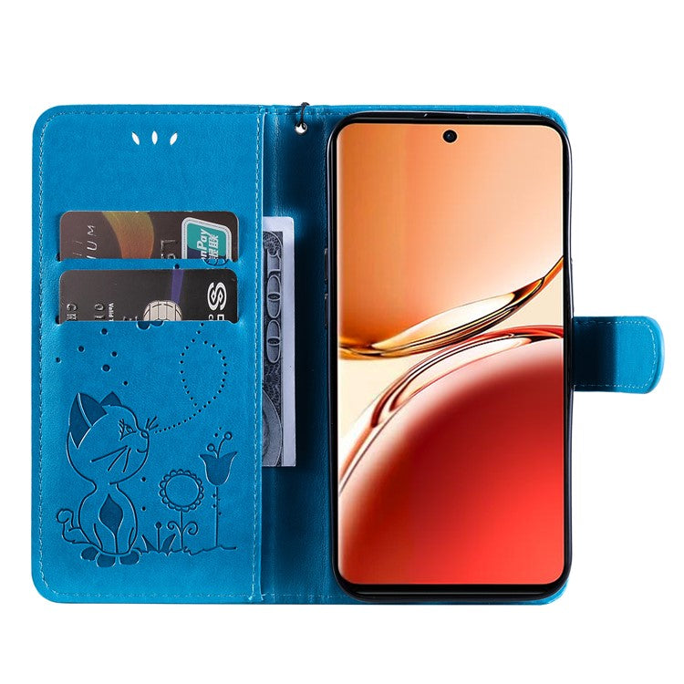 KT Imprinting Flower Series-4 For Oppo Reno12 F 4G Case Leather Wallet Stand Phone Cover Cat Bee Pattern - Blue