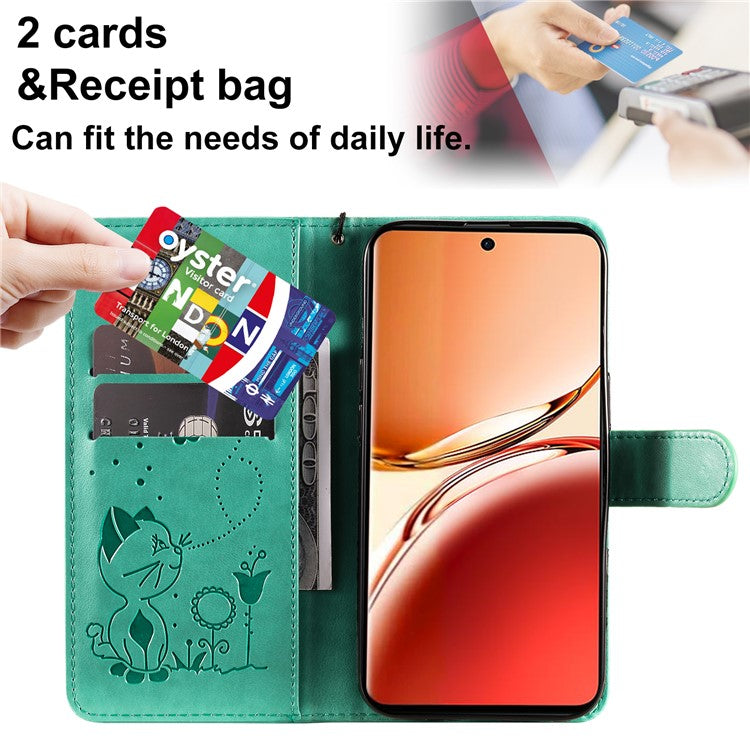 KT Imprinting Flower Series-4 For Oppo Reno12 F 4G Case Leather Wallet Stand Phone Cover Cat Bee Pattern - Green