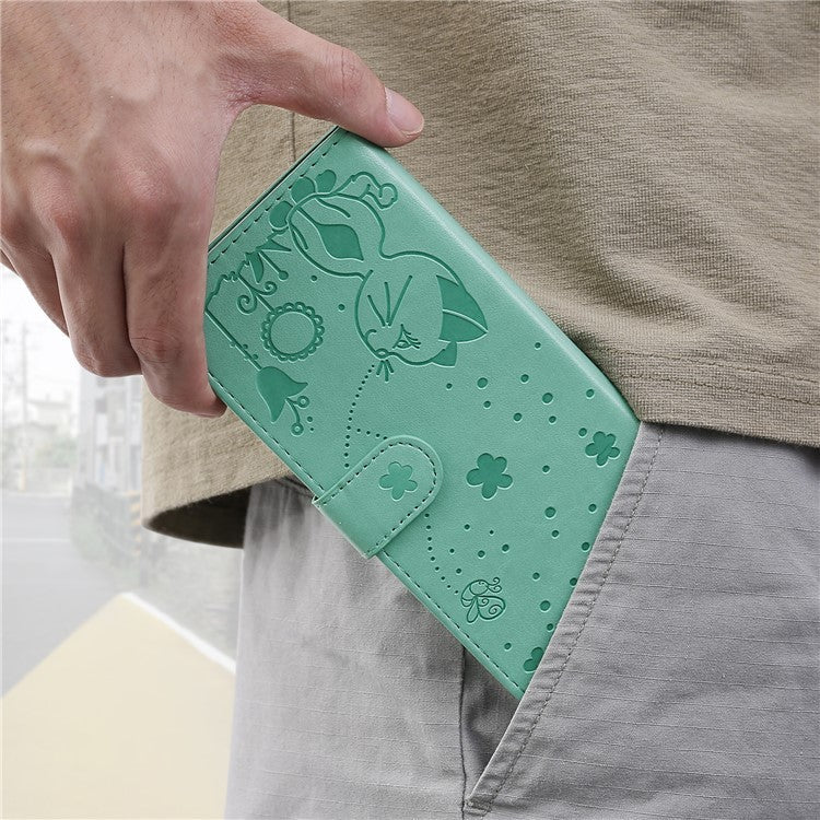 KT Imprinting Flower Series-4 For Oppo Reno12 F 4G Case Leather Wallet Stand Phone Cover Cat Bee Pattern - Green