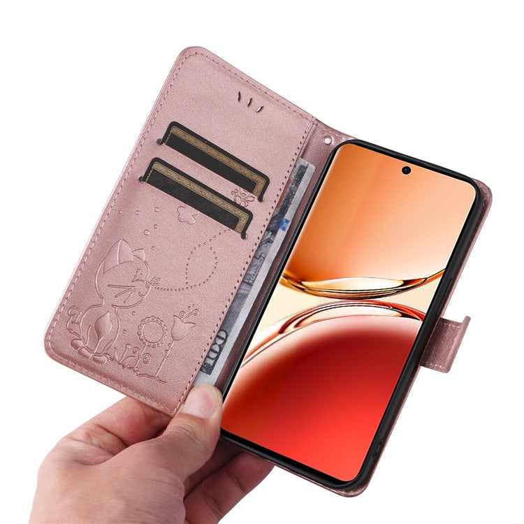 KT Imprinting Flower Series-4 For Oppo Reno12 F 4G Case Leather Wallet Stand Phone Cover Cat Bee Pattern - Rose Gold