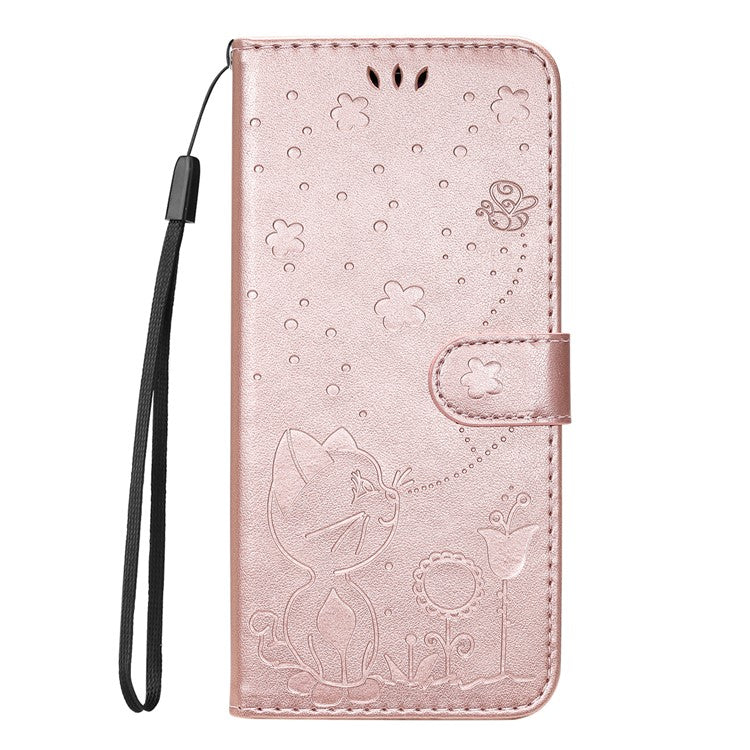 KT Imprinting Flower Series-4 For Oppo Reno12 F 4G Case Leather Wallet Stand Phone Cover Cat Bee Pattern - Rose Gold