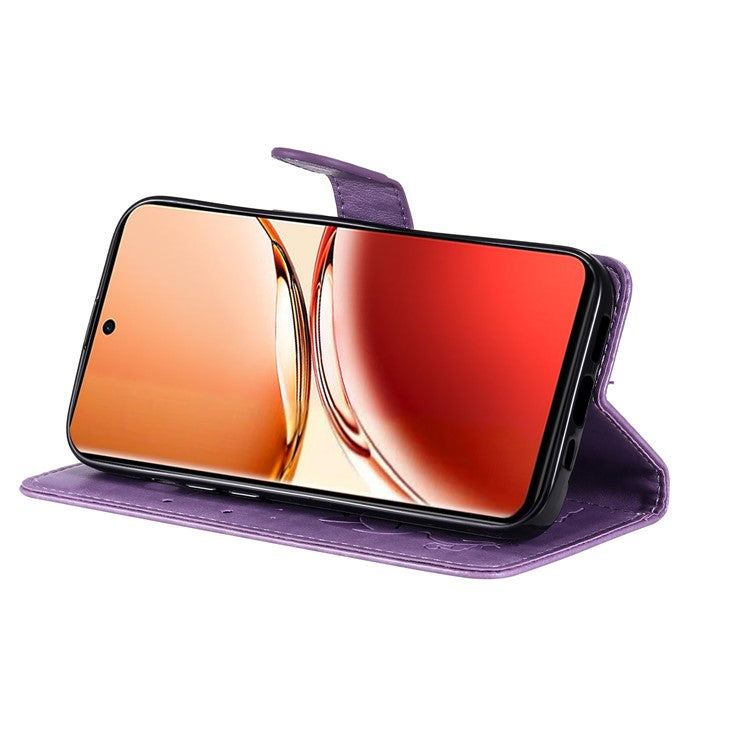 KT Imprinting Flower Series-4 For Oppo Reno12 F 4G Case Leather Wallet Stand Phone Cover Cat Bee Pattern - Light Purple